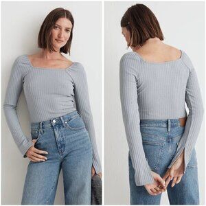 Madewell Ribbed Square-Neck Long-Sleeve Tee in Craft Blue Size XXS NWT